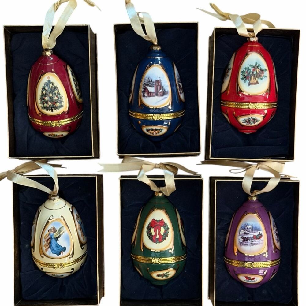 Mr. Christmas Valerie Par Hill Set of 6 Music Box Porcelain Egg Ornaments Boxed